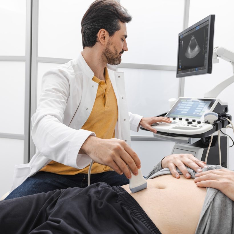 Ultrasound of prostate gland. Mature man getting ultrasound of prostate gland with sonography